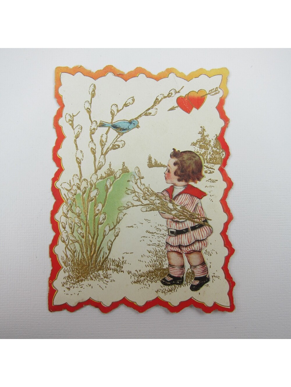 Valentine Card Boy Sailor Suit Blue Robin Bird Embossed Die cut Bifold Antique